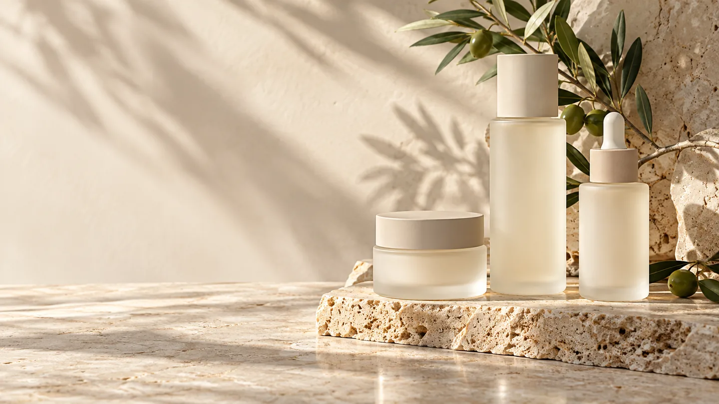 Skincare bottles in warm natural light