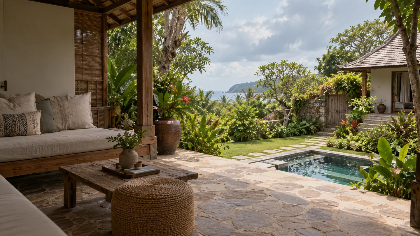 Intimate villa terrace overlooking a tropical garden