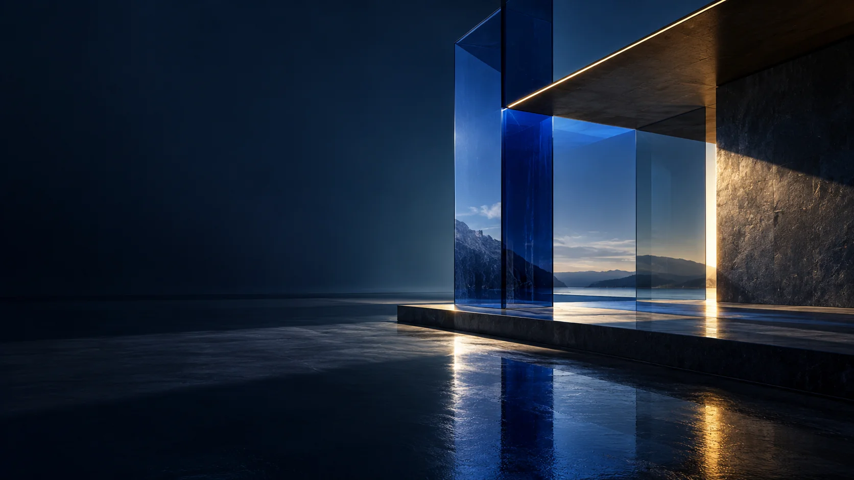 Sculptural cobalt glass and stone architecture in warm light